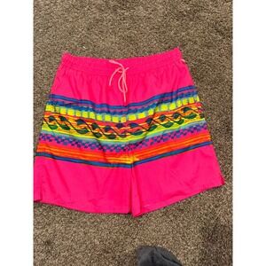 US Apparel Mens Neon Pink Retro Geometric Wave Print Swim Trunks Size L